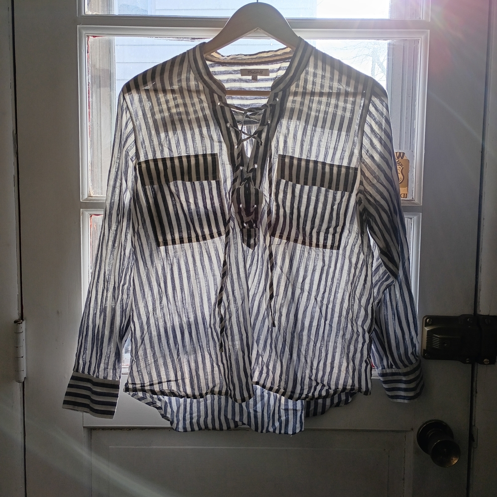 Madewell Shirt Women's Size Large Navy and White Striped  Lace Up Long Sleeves
